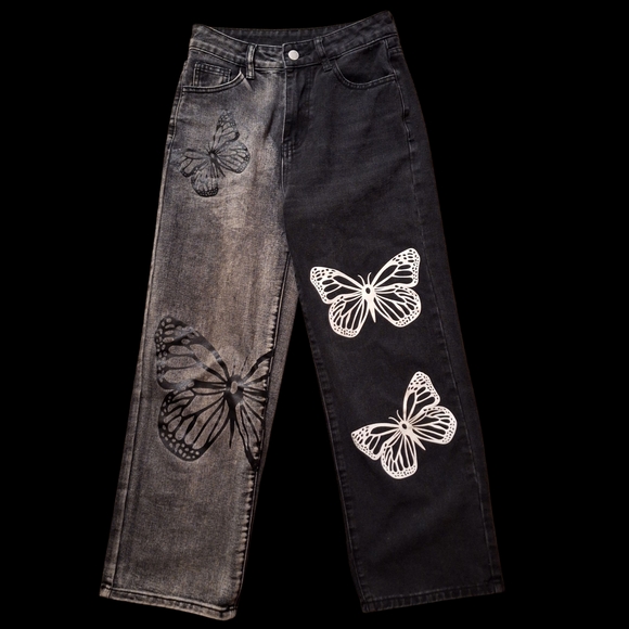 SHEIN Denim - SHEIN Black and Gray Butterfly Straight Leg Jeans